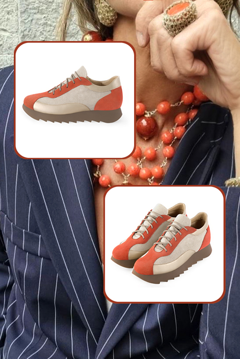 Terracotta orange and gold women's two-tone elegant sneakers. Round toe. Low rubber soles. Top view - Florence KOOIJMAN